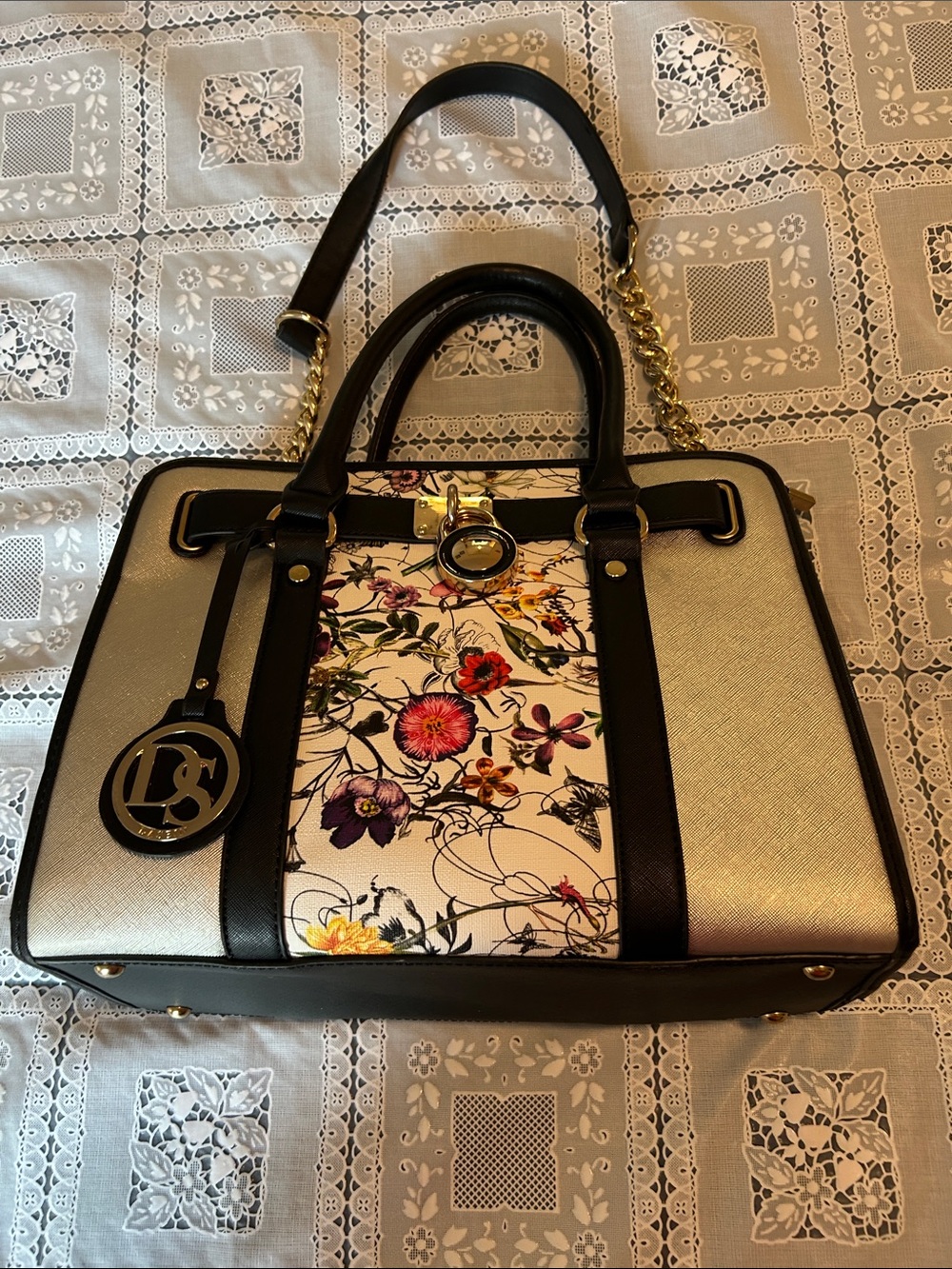Floral Panel Silver and Black Structured Bag